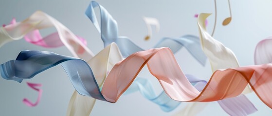 Vibrant ribbons of soft fabric dance in mid-air, their pastel hues swirling gracefully, accompanied by notes of whimsical music in a serene atmosphere.