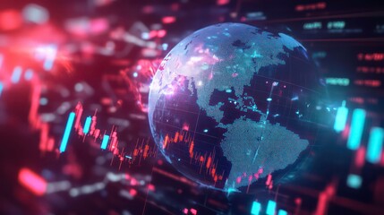 A digital globe overlaid with financial data and graphs, symbolizing global markets.