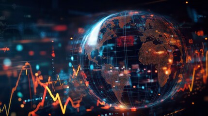 A digital representation of a globe with data visualizations and financial charts.