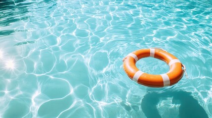 Life preserver bobbing on the surface of crystal clear pool water