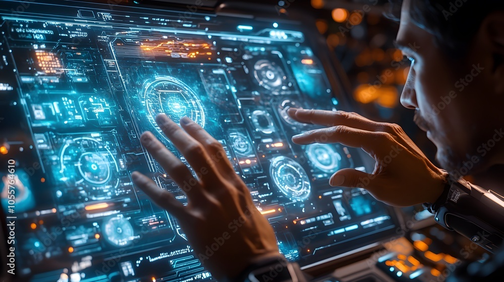 Poster a person interacting with a futuristic holographic interface displaying data and graphics.