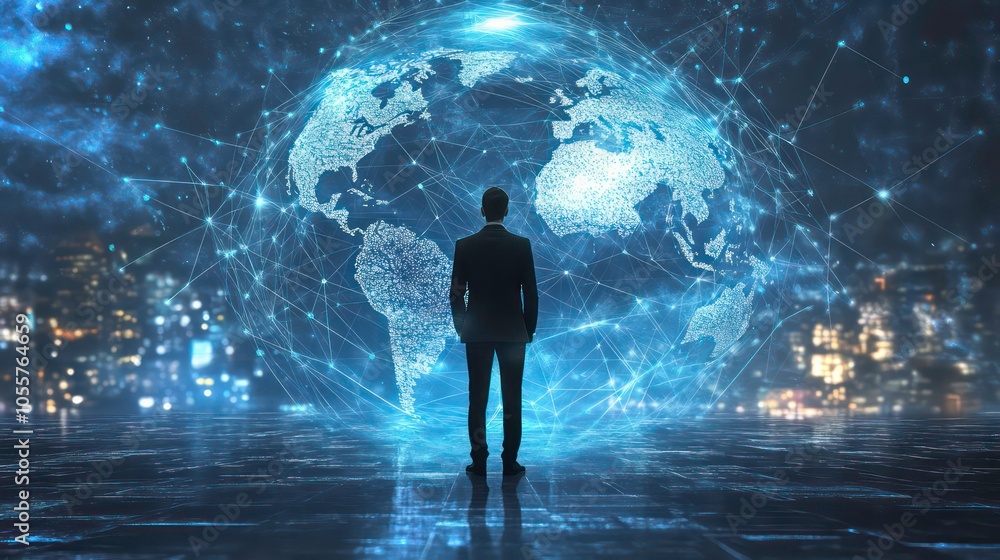 Aufkleber A person stands before a digital globe representing global connectivity and technology.