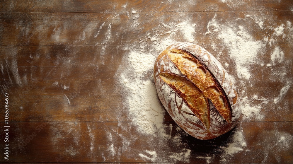 Poster artisan bread loaf resting on a rustic wooden surface surrounded by a sprinkle of flour