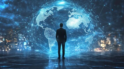 A person stands before a digital globe representing global connectivity and technology.