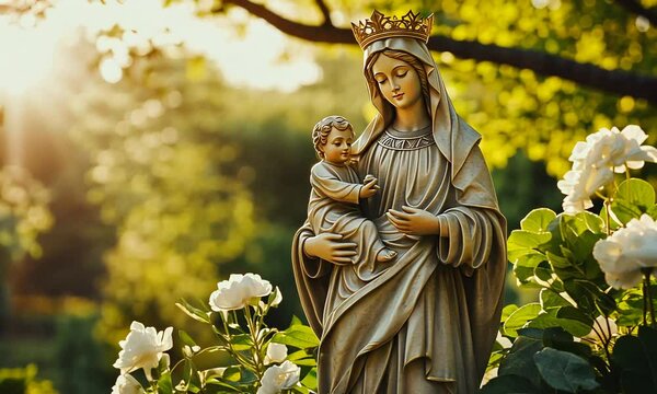 A Statue of the Virgin Mary Holding the Baby Jesus in a Garden
