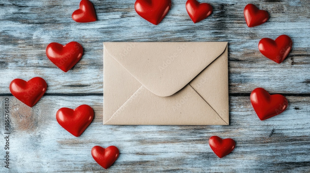 Poster valentine s day backdrop featuring an envelope a paper card and an assortment of red hearts perfect 