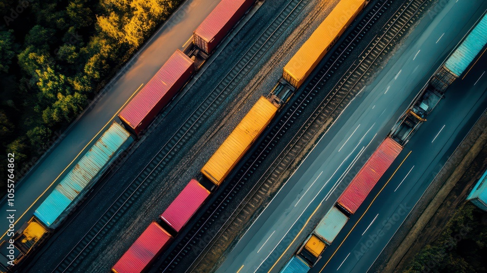 Poster aerial view of train tracks alongside a highway with colorful freight containers.