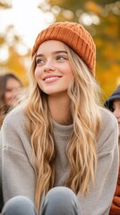 Naklejka premium Young Woman with Long Blonde Hair Smiling and Wearing a Brown Beanie.