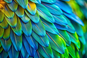 Fototapeta premium Closeup of Vibrant Blue and Green Parrot Feathers with Textured Patterns for Nature Photography