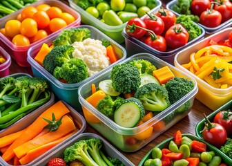 Close-up of Vibrant Healthy Vegetarian Food in Containers with Fresh Vegetables for Healthy Eating and Meal Prep