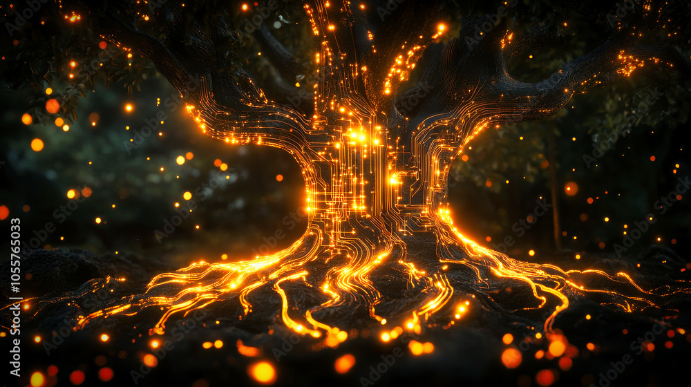 Poster a stylized glowing tree with intricate electronic circuit patterns