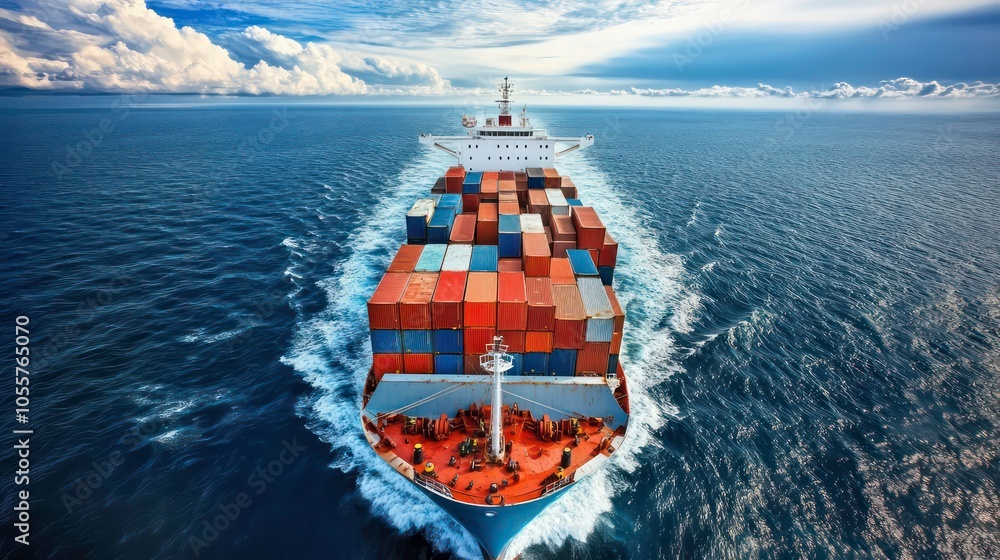 Aufkleber aerial view of a cargo ship navigating through the ocean, loaded with colorful containers.