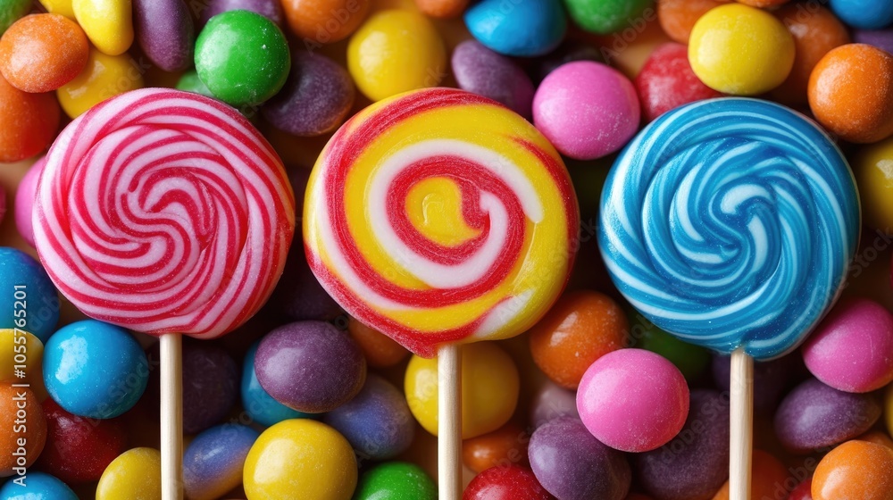 Poster three vibrant lollipops alongside a heap of assorted colorful candies