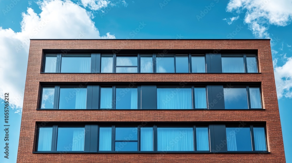 Poster modern building featuring high windows with grid design
