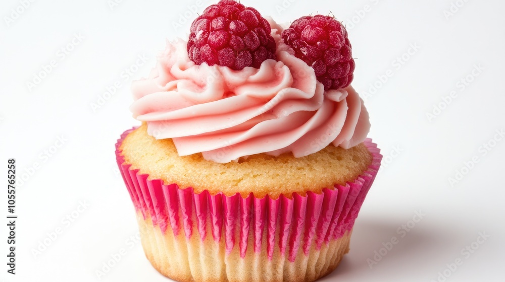 Aufkleber Raspberry and cream cupcake displayed against a white backdrop