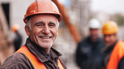 A group of smiling workers at a construction site