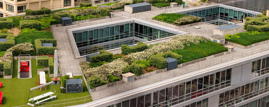 Roof garden downtown city Bordeaux in Southwest of France, view from wine museum.