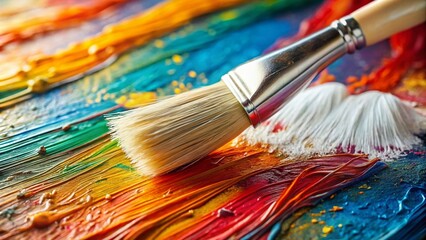 Fototapeta premium Close-Up of White Paintbrush Applying Paint on Canvas in Macro Photography for Art Enthusiasts