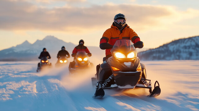 Friends having an unforgettable winter experience while riding snowmobiles through a snowy landscape at sunset