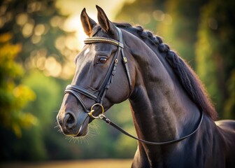Obraz premium Close-Up Portrait of a Majestic Black Horse with Cavesson and Baroque Curb Bit for Equestrian Enthusiasts