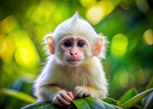 Close-Up Portrait of a Little White Monkey in the Jungle with Tilt-Shift Photography Effects