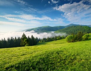 Fototapeta premium Amazing landscape of rural terrain with green pasture, lonely tree and dramatic sky.