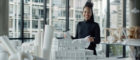 A creative architect stands amidst scale models, her enthusiasm and creativity evident in the dynamic studio space.