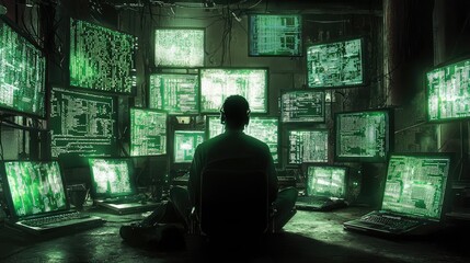 Naklejka premium Dramatic Hacker in Dimly Lit Room Surrounded by Screens