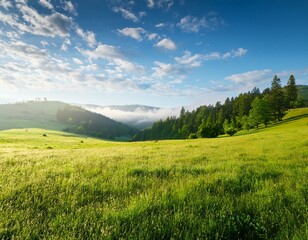 Fototapeta premium Amazing landscape of rural terrain with green pasture, lonely tree and dramatic sky.
