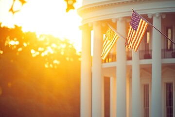 American flags at sunset by classical architecture, warm tones