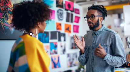 A creative industry client discussing graphic design concepts with a designer in an open studio with colorful sketches
