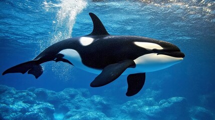 Orca gliding gracefully through the deep blue ocean, surrounded by schools of shimmering fish, sunlight filtering through the water, creating a serene underwater world.