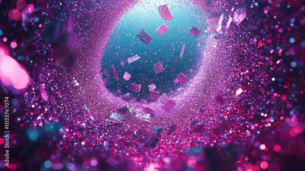 Poster purple glitter bokeh particles swirling gracefully, creating a mesmerizing backdrop filled with shim