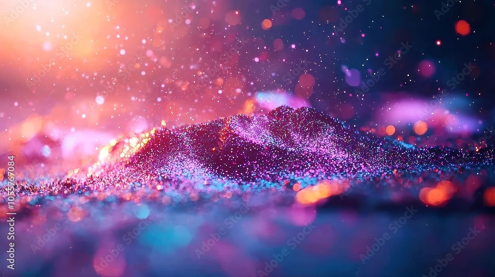 Poster purple glitter bokeh particles swirl gracefully, creating a mesmerizing background filled with shimm