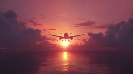 A flight deal advertisement showcasing a plane taking off into a beautiful sunset, promoting affordable travel options