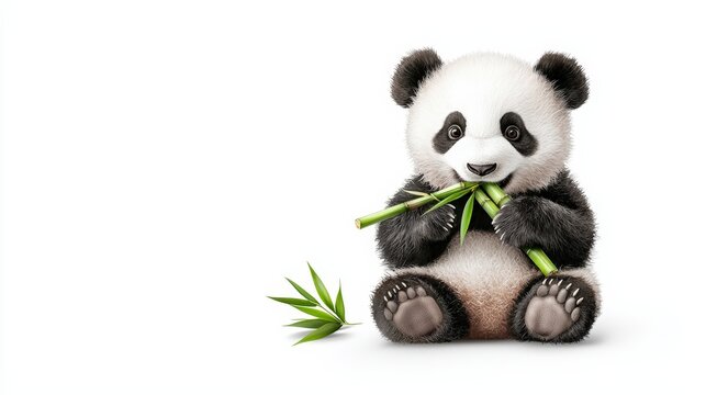Panda eating bamboo, white isolate background