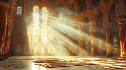 Ramadan Kareem Mosque Interior, serene atmosphere adorned with intricate patterns, soft illumination highlighting the spiritual essence, inviting space for reflection and prayer