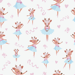 A seamless pattern with a ballet dancing deer girl, a cute girly ballet background in pastel colors, a kid character in various ballet postures, a deer ballerina wearing a tutu, pink ballet slippers 