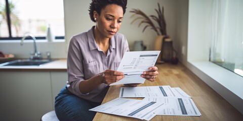 Mother Reviewing Monthly Bills at Kitchen Counter. A close-up view of an African American mother reviewing printed monthly bills at the kitchen counter, focused on balancing her household finances .