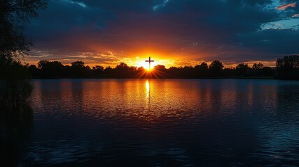 Naklejka premium Cross Silhouette at Sunset Over Vibrant Lake Scene