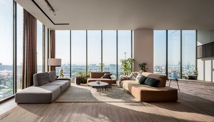 Contemporary interior with furniture, carpet, wooden flooring, panoramic windows, city view and daylight. 3D Rendering.