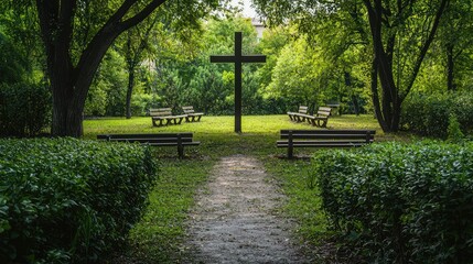 Tranquil Park with Cross and Peaceful Benches