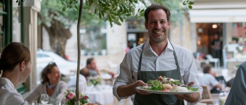 A cheerful waiter, donning a white shirt and apron, presents a delightful dish to customers in a lively outdoor café under dappled light.
