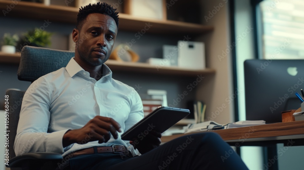 Poster a focused business professional sits at a desk in a modern office, using a tablet while dressed in a