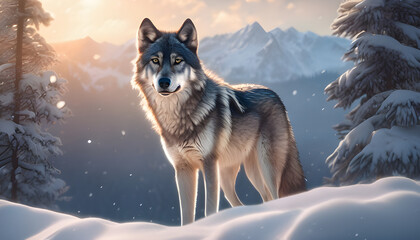Naklejka premium Majestic Wolf in Snowy Mountains - Winter Wilderness Photography
