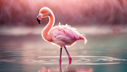 Fototapeta premium Pink Flamingo Standing in Water with Ripples