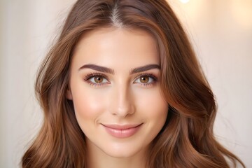 Obraz premium Close-up portrait of a beautiful young woman with flowing chestnut hair, expressive hazel eyes, and a soft smile, set against a light cream background