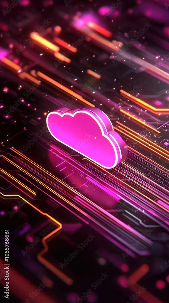 Poster vibrant digital cloud representation with futuristic neon elements and data flow imagery