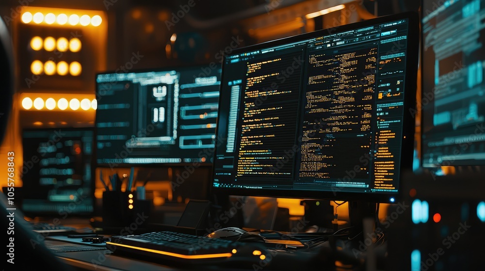 Poster close-up of hackers' setup with multiple monitors