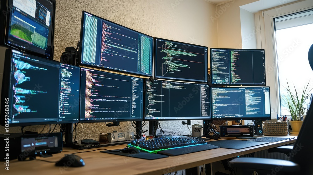 Poster workspace with multiple monitors for hackers and coders